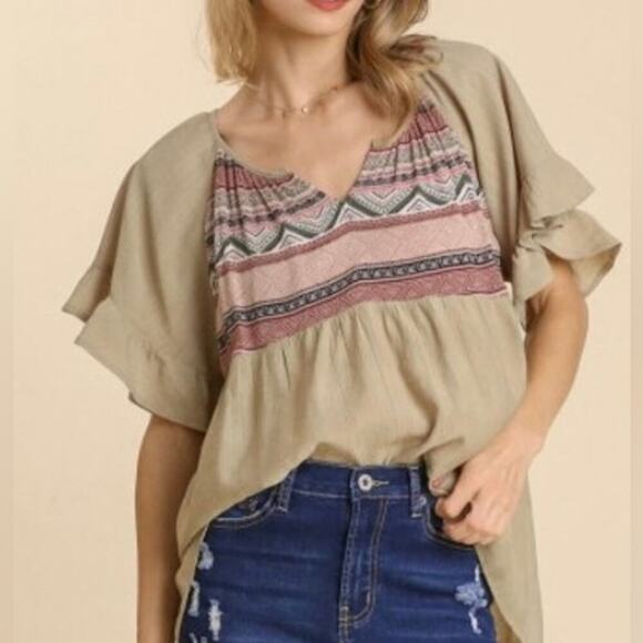 Umgee Tops - Umgee Abstract Printed Split Neck Short Ruffle Sleeve Top-Small